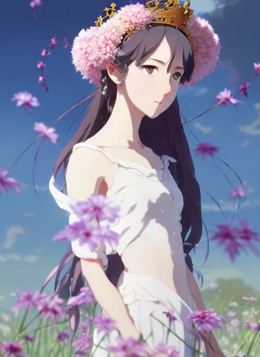 Image similar to a film still portrait of nymph girl with crown of flowers, finely detailed features, perfect art, trending on pixiv fanbox, painted by greg rutkowski makoto shinkai takashi takeuchi studio ghibli, akihiko yoshida,