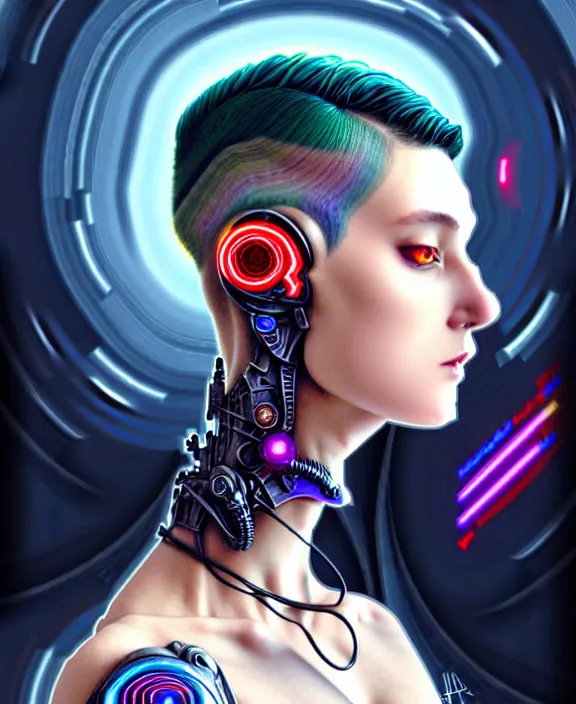 Image similar to a whirlwind of souls rushing inside the metaverse, half body, jewelry, fashionable short haircut, headset, android, cyborg, cyberpunk face, by loish, d & d, fantasy, intricate, elegant, highly detailed, colorful, vivid color, digital painting, artstation, concept art, art by artgerm and greg rutkowski and alphonse mucha