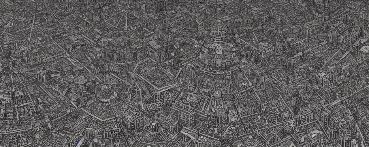 Prompt: imperial russia cyberpunk city of black domes and radio spires in the style of MC Escher and impressionist 4k