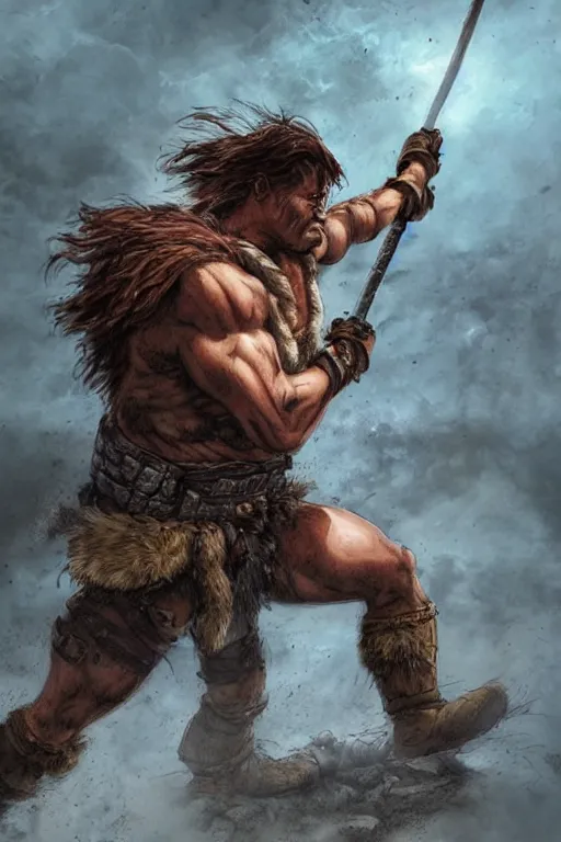 Image similar to strong barbarian running through the badlands | d&d | action scene | dramatic lighting | style of Jim lee |