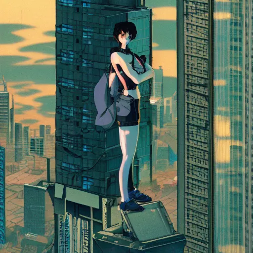 Prompt: Full body portrait of a young woman sitting on the ledge of a high rise building, cyberpunk, cel illustration, exquisitely detailed, Monkey Punch, Hayao Miyazaki, Kazuma Kaneko