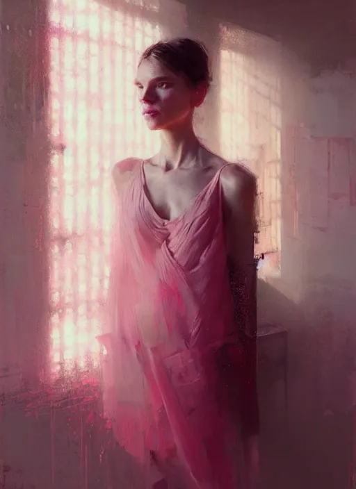 Image similar to indoor portrait of a beautiful girl, shades of pink, beautiful face, rule of thirds, intricate outfit, spotlight, by greg rutkowski, by jeremy mann, digital painting