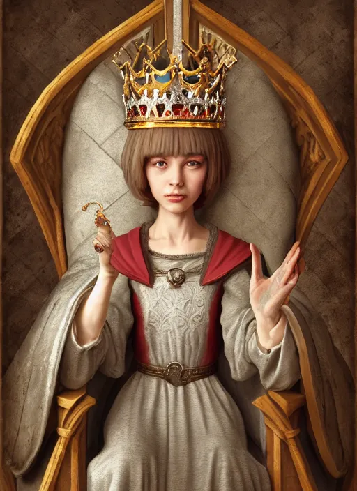 Prompt: highly detailed closeup, low - poly hands, portrait of a medieval cleric wearing a crown and sitting on a throne eating cakes, unreal engine, nicoletta ceccoli, mark ryden, earl norem, lostfish, global illumination, god rays, detailed and intricate environment