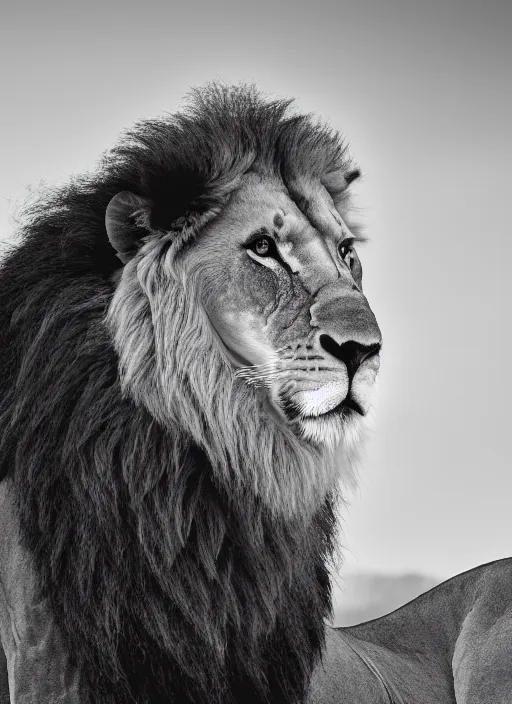 Image similar to lion and lioness black and white portrait white sky in background