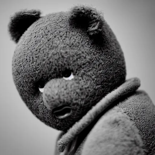 Prompt: Portrait studio photograph of Kanye West as a anthropomorphic teddy bear, close up, shallow depth of field, in the style of Felice Beato, Noir film still, 40mm