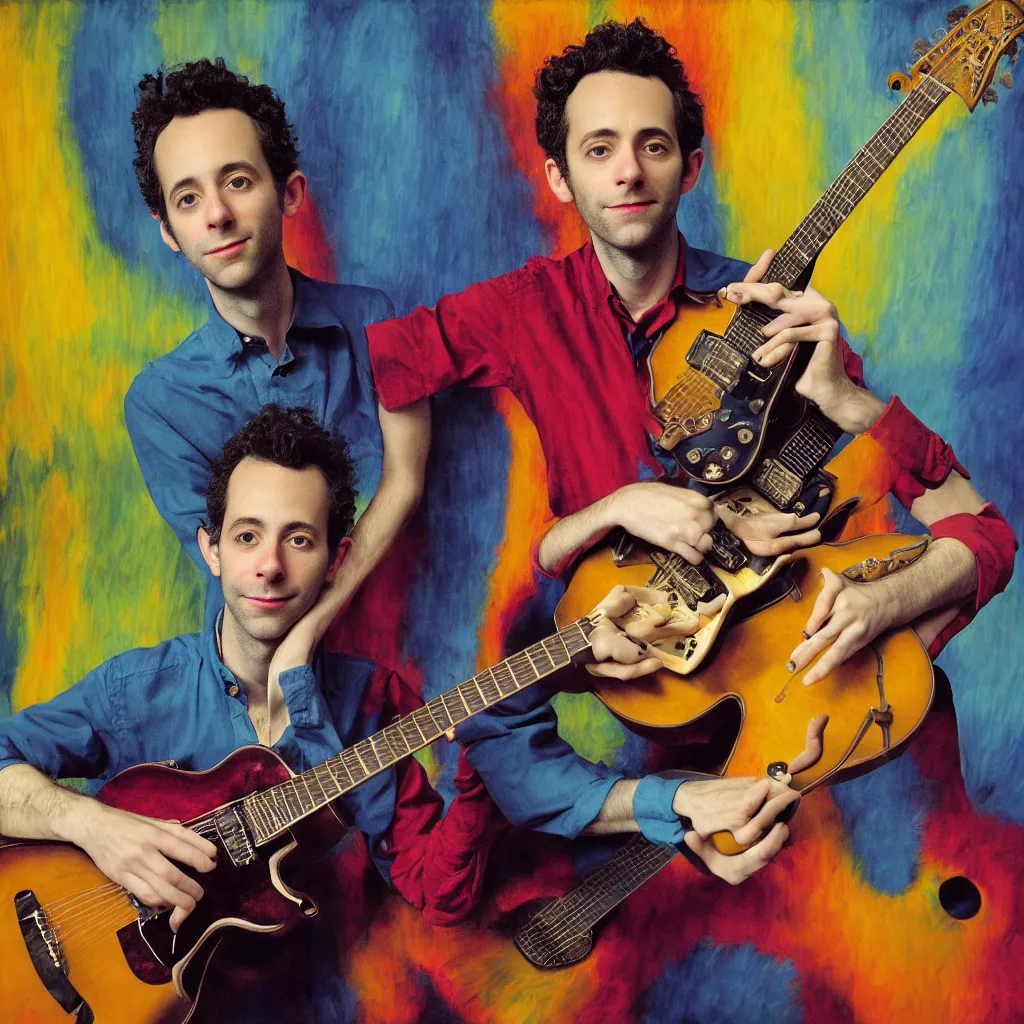 Image similar to award winning photo of julian lage playing jazz guitar, vivid colors, happy, symmetrical face, beautiful eyes, studio lighting, wide shot art by Sally Mann & Arnold Newman