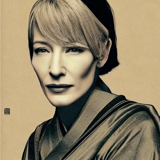 Image similar to portrait of cate blanchett ,japanese wood print