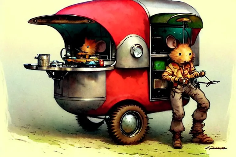 Image similar to adventurer ( ( ( ( ( 1 9 5 0 s retro future robot android mouse wagon food truck robot. muted colors. ) ) ) ) ) by jean baptiste monge!!!!!!!!!!!!!!!!!!!!!!!!! chrome red