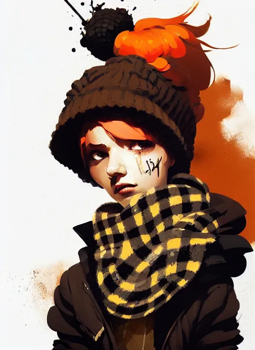 Image similar to highly detailed portrait of a sewer punk lady student, beanie, tartan scarf, wavy blonde hair by atey ghailan, by greg rutkowski, by greg tocchini, by james gilleard, by joe fenton, by kaethe butcher, gradient, orange, black, brown and cream color scheme, grunge aesthetic!!! white graffiti tag wall background