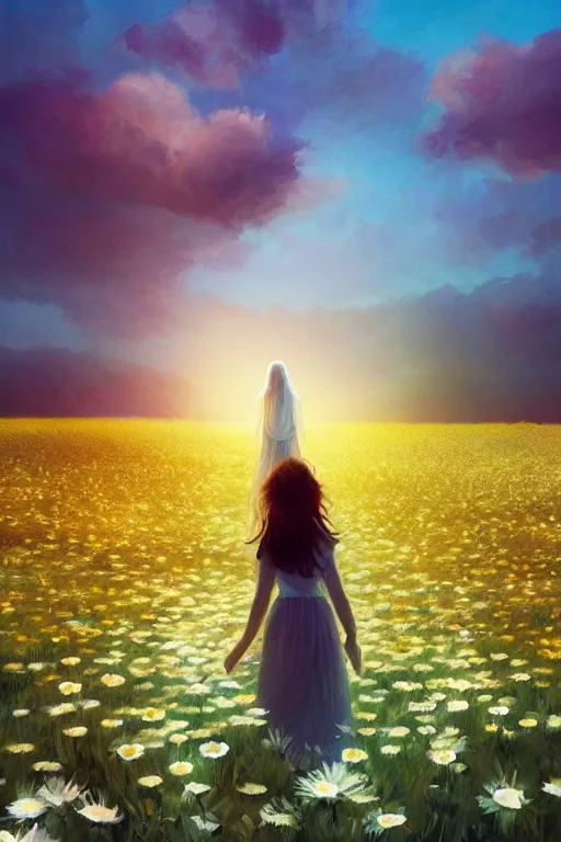 Prompt: giant white daisy flower veil, girl walking in a flower field, surreal photography, sunrise, dramatic light, impressionist painting, colorful clouds, digital painting, artstation, simon stalenhag