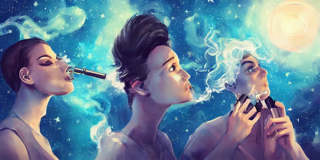 Prompt: digital art, trending on artstation, androids smoking hookahs while looking at the sky full of stars