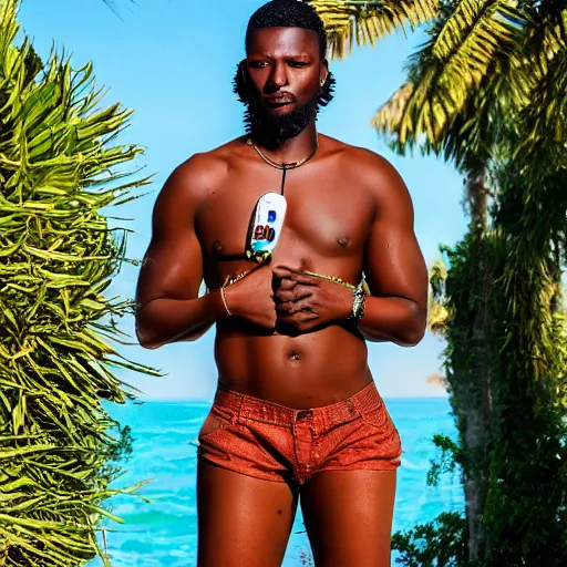 Image similar to realistic, east african man with curly hair next to megan thee stallion, seductive, romantic, dreamy tones, realistic, full body, love, sharp focus, editorial