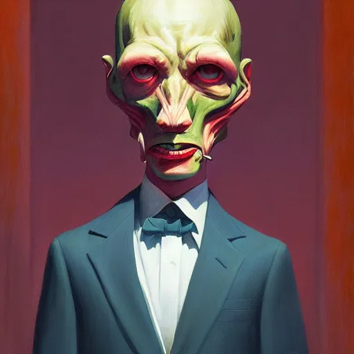 Prompt: Portrait of a man wearing a business suit with Metamorphosis head, very coherent, painted by Edward Hopper, Wayne Barlowe, painted by James Gilleard, airbrush, art by JamesJean