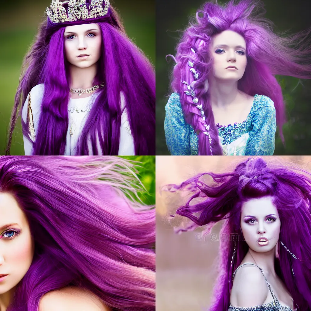 Prompt: Majestic portrait of a princess with long purple hair, highly detailed, DSLR photograph