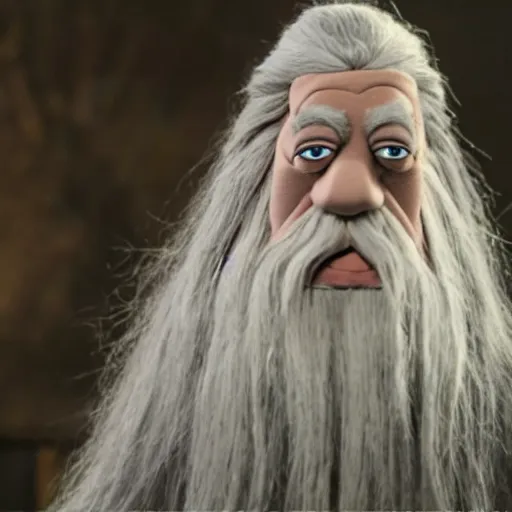 Prompt: A still of Gandalf the Grey as a muppet, realistic photo