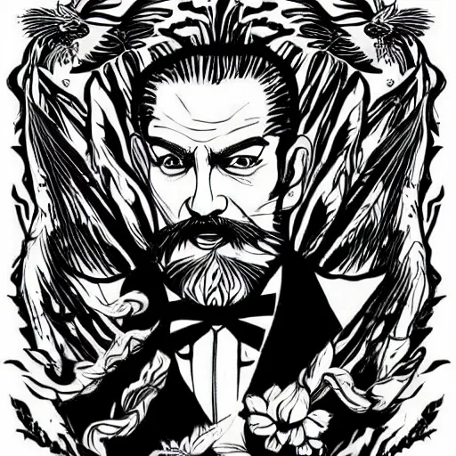Prompt: black and white pen and ink!!!! Twin Peaks Black Lodge goetic vampire Colonel Sanders handsome beard golden!!!! Vagabond!!!! floating magic swordsman!!!! glides through a beautiful!!!!!!! liquid magic floral crystal battlefield dramatic esoteric!!!!!! pen and ink!!!!! illustrated in high detail!!!!!!!! by Moebius and Hiroya Oku!!!!!!!!! graphic novel published on 2049 award winning!!!! full body portrait!!!!! action exposition manga panel black and white Shonen Jump issue by David Lynch eraserhead and beautiful line art Hirohiko Araki!!
