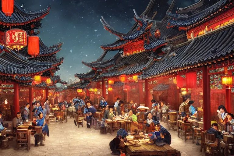 Prompt: fantasy art of a bustling tavern in china, at night, by fenghua zhong, highly detailed digital art, trending on artstation