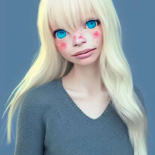Image similar to Render of Lily, a cute 3d young woman, long white hair, full round face, light blue eyes, bisque skin tone, cute freckles, light red blush, smiling softly,wearing casual clothing, interior lighting, cozy living room background, medium shot, mid-shot, hyperdetailed, trending on Artstation, Unreal Engine 4k