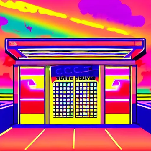 Image similar to chromatic, synthwave, 80's shop in a synthwave city