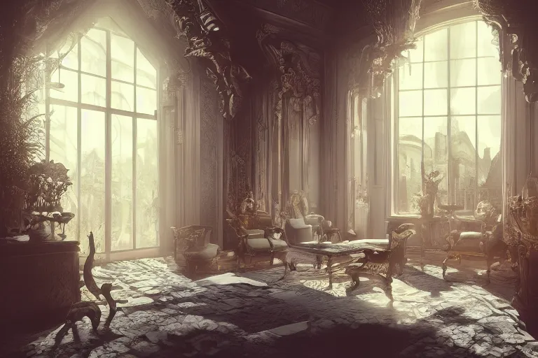 Image similar to a storybook illustration of inside a beautiful gorgeous mansion rooms, hyper realistic, ambient lighting, concept art, intricate, hyper detailed, smooth, dynamic volumetric lighting, octane, raytrace, cinematic, high quality, high resolution, 4 k