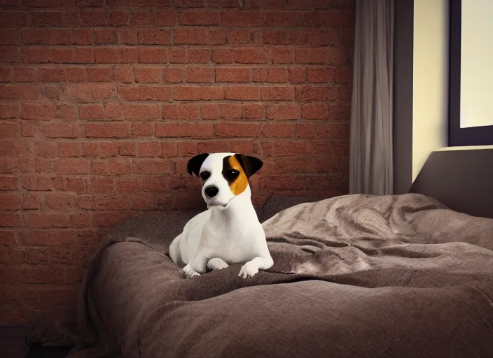 Image similar to photography of a Jack Russel . watching outside the window. on a bed. in a vintage room full of vinyls and posters.,volumetric light, photorealistic,, award winning photo, 100mm, sharp, high res