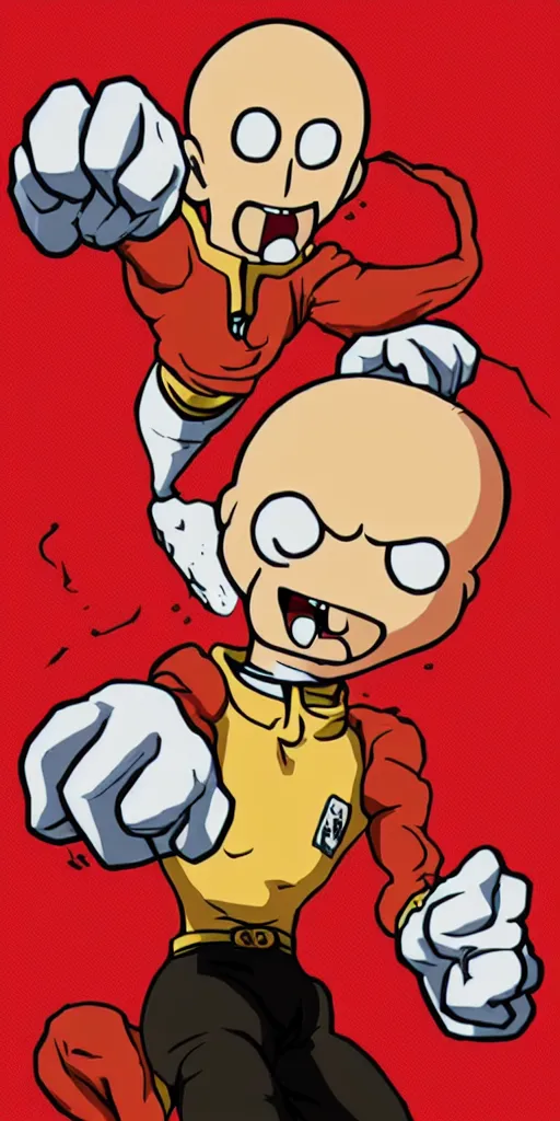 Image similar to portrait of saitama in the cuphead game art style, angry, face wrinkles, red background