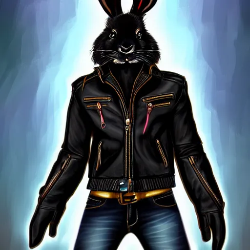 Image similar to A bunny with a small head wearing a fine intricate leather jacket and leather jeans and leather gloves, trending on FurAffinity, energetic, dynamic, digital art, highly detailed, FurAffinity, high quality, digital fantasy art, FurAffinity, favorite, character art