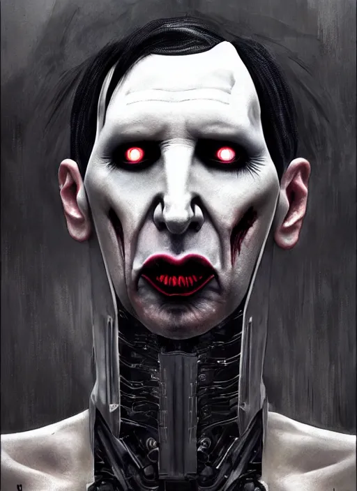 Prompt: marilyn manson as victor stone, full body concept, cyborg, borg, strogg, face of a man, terminator, flesh, quake strogg, doom demon, wolfenstein, monstrous, powerful, symmetry, symmetrical, concept art by ruan jia and greg rutkowski