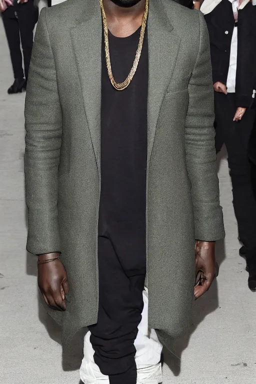 prompthunt: kanye west wearing a suit made of grass, full body photograph  on runway