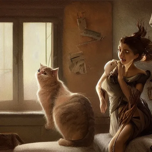 Image similar to a cat meowing at his parents while sitting on the bed digital painting, artstation, concept art, soft light, hdri, smooth, sharp focus, illustration, fantasy, intricate, elegant, highly detailed, D&D, matte painting, in the style of Greg Rutkowski and Alphonse Mucha and artemisia, 8k, highly detailed, jurgens, rutkowski, bouguereau, pastoral, rustic, georgic