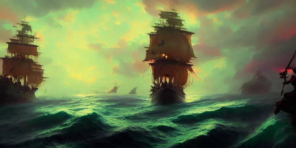 Image similar to a pirate standing on the nose of the ship commanding to his crew to attack another ship, psychedelic mushroom colors everywhere, extremely detailed digital painting, in the style of fenghua zhong and ruan jia and jeremy lipking and peter mohrbacher, mystical colors, rim light, beautiful lighting, 8 k, stunning scene, raytracing, octane, trending on artstation