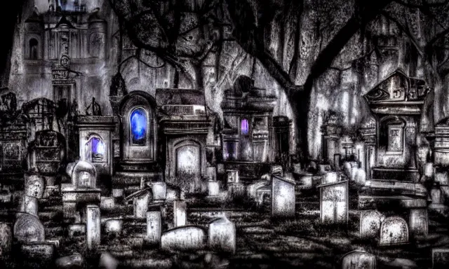 Image similar to new orleans style graveyard, crystal lights shine shade render!, witch meeting black circle!, midnight colors, photograph taken by giger and beksinski and death fog and decaying megacity