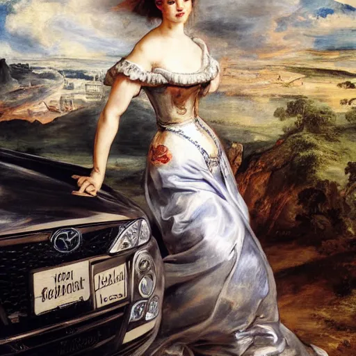 Prompt: heavenly summer sharp land sphere scallop well dressed lady standing next to a toyota corolla, auslese, by peter paul rubens and eugene delacroix and karol bak, hyperrealism, digital illustration, fauvist, standing next to a toyota corolla