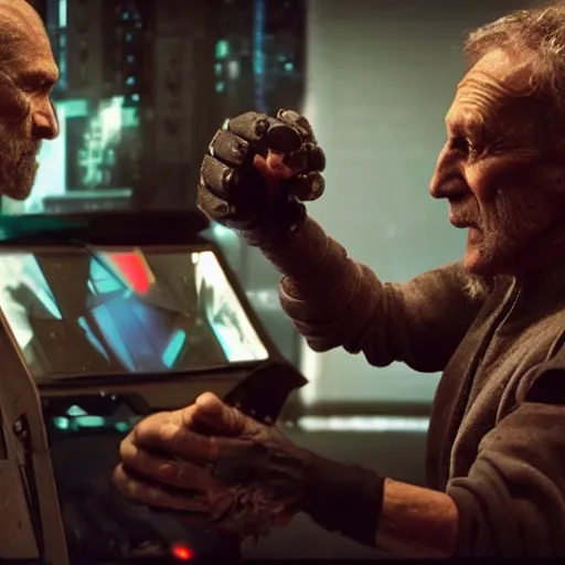 Image similar to cyberpunk buff old man fighting Deadcode humanoid robot Emmanuel Lubezki