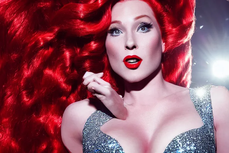 Prompt: movie scene portrait closeup, red hair, red sequin dress, real life jessica rabbit singing beautifully on stage, stage lighting by emmanuel lubezki