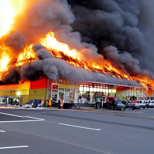 Prompt: 2000s digital photo of a supermarket on fire, taken with a Nikon brand camera.