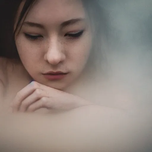 Prompt: photographic portrait by Annie Leibovitz of an anime girl in a hot tub, closeup, foggy, sepia, moody, dream-like, sigma 85mm f/1.4, 15mm, 35mm, 4k, high resolution, 4k, 8k, hd, full color