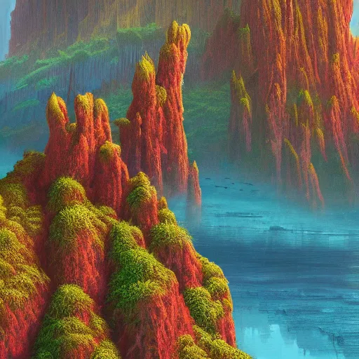 Prompt: A beautiful hyper realistic detailled matte painting of a microscoptic world of algae and microflora with ridges similar to mountains with billions of glowing micro trees emmiting a read and teal color by John Howe and Albert Bierstadt and Alena Aenami and dan mumford and dave noton, unreal engine, trending on behance