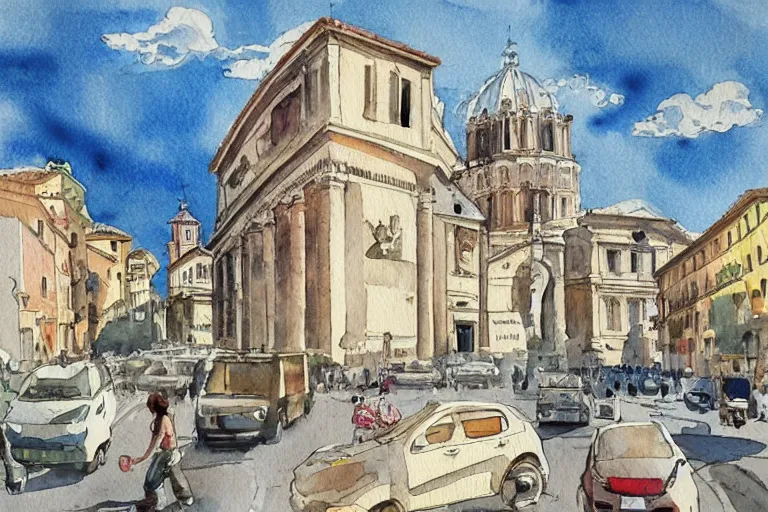 Image similar to !! watercolor!! rome in a sunny day, artwork by tooth wu, colorful high contrast,!! very coherent!!, dark shadow, thick lineart