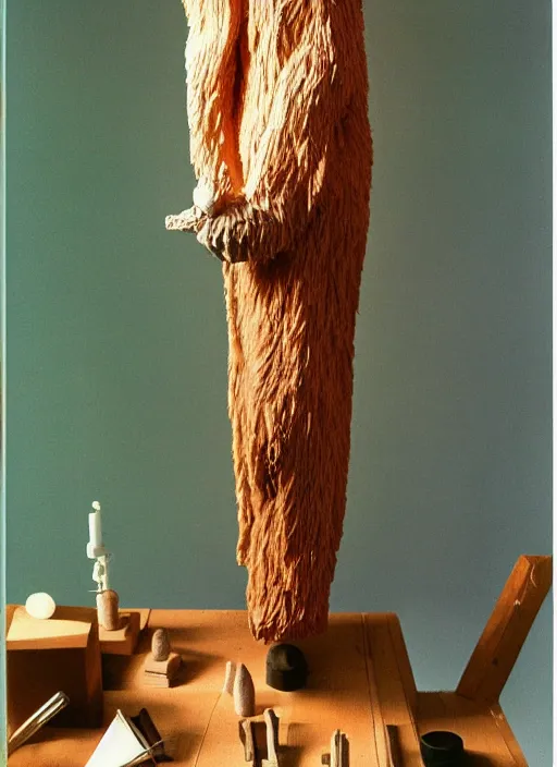 Image similar to realistic photo of a a hairy human birdman sculpture by max ernst made of white clay, in a living room sci - fi laboratory with many wooden gadgets made of wood interior is made of wood 1 9 9 0, life magazine reportage photo, natural colors