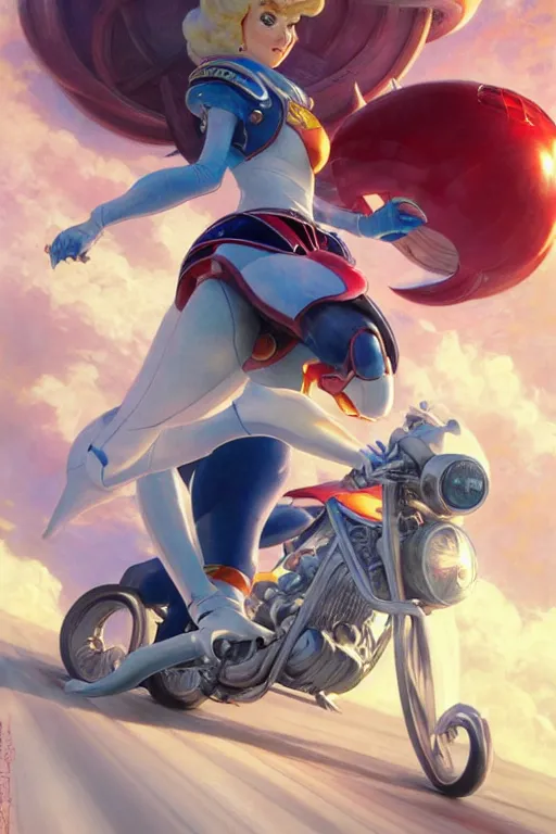 Image similar to princess peach style of speed racer, dynamic pose, retro anime, intricate, futuristic, fantasy, elegant, by Stanley Artgerm Lau, Margaret Keane, greg rutkowski, thomas kindkade, alphonse mucha, loish, norman Rockwell,