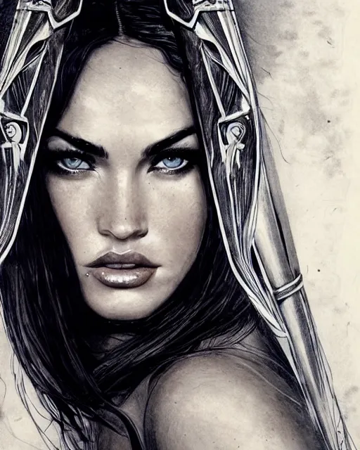 Image similar to portrait of beautiful megan fox as greek goddess aphrodite, archer, arrow on the head, beautiful piercing eyes, flowing blonde hair, realistic face, black and white drawing, in the style of greg rutkowski, fantasy, amazing detail, epic, intricate, elegant, smooth, sharp focus