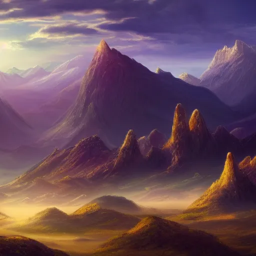 Prompt: The ethereal landscape with mountains in the background, Sci-Fi fantasy desktop wallpaper, painted, 4k, high detail, sharp focus