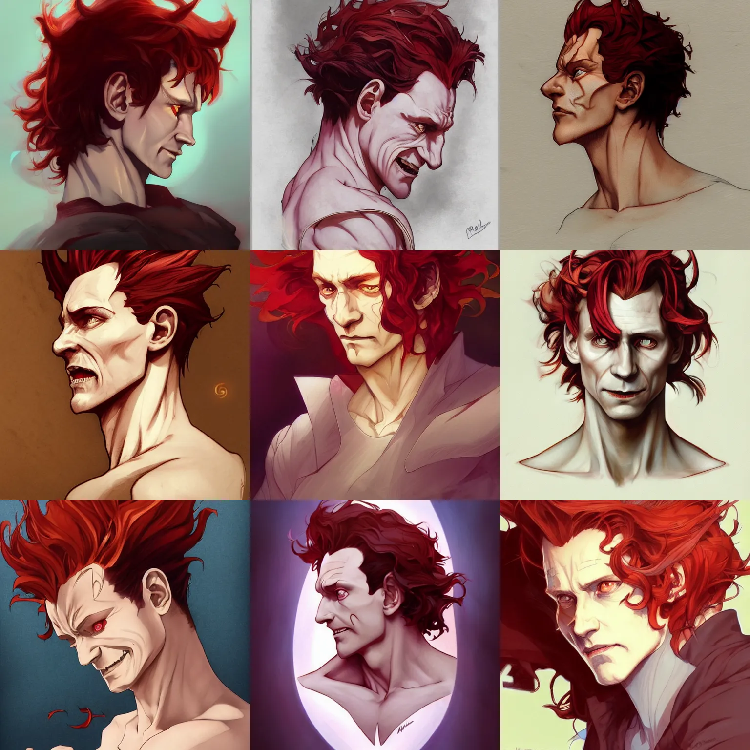 Prompt: hisoka, tom hiddleston, cel - shaded art by artgerm and greg rutkowski and alphonse mucha, smirking face, reddish hair, d & d, fantasy, portrait, highly detailed, side profile, digital painting, trending on artstation, concept art, sharp focus, illustration