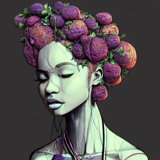 Image similar to the head of an unbelievably elegant and beautiful black woman partially made of potatoes roots and violets, an ultrafine detailed illustration by james jean, final fantasy, intricate linework, bright colors, behance contest winner, vanitas, angular, altermodern, unreal engine 5 highly rendered, global illumination, radiant light, detailed and intricate environment