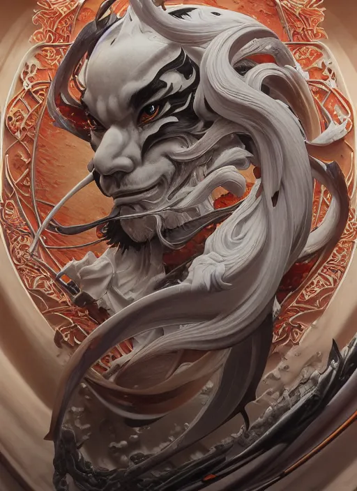 Image similar to subsurface scattering, white, koi, samurai deity with koi armor, art nouveau swirls, epic lighting, octane render, by jesper ejsing, james jean, justin gerard, tomasz alen kopera, cgsociety and fenghua zhong, highly detailed, rim light, art, very coherent, cinematic, hyper realism, high detail, 8 k