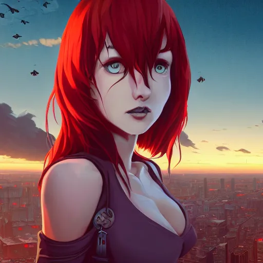 Prompt: the second coming of my red haired vampire girlfriend by dan mumford, yusuke murata, makoto shinkai, ross tran, cosmic, heavenly, god rays, intricate detail, cinematic, 8 k, cel shaded, unreal engine, featured on artstation, pixiv