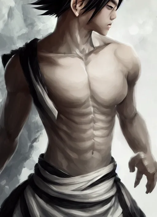 Create an anime portrait of a young man who is very muscular, handsome,  with skin as white as snow, short black hair, and dressed in a black -  AI Generated Artwork 