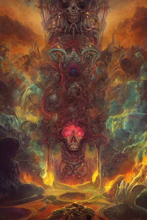 Image similar to gigantic skull center, psychedelic demonic cosmic death and flames, fantasy painting, ultra realistic, wide angle, art nouveau, intricate details, rainbowshift, vivid colors, highly detailed by peter mohrbacher, h. r. giger, maxfield parrish, gustave dore, craig mullins, octane render, cgi