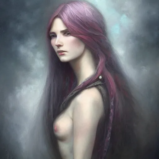 Prompt: a painting of three women with long hair, a detailed painting by tom bagshaw, featured on cgsociety, fantasy art, detailed painting, deviantart, deviantart hd